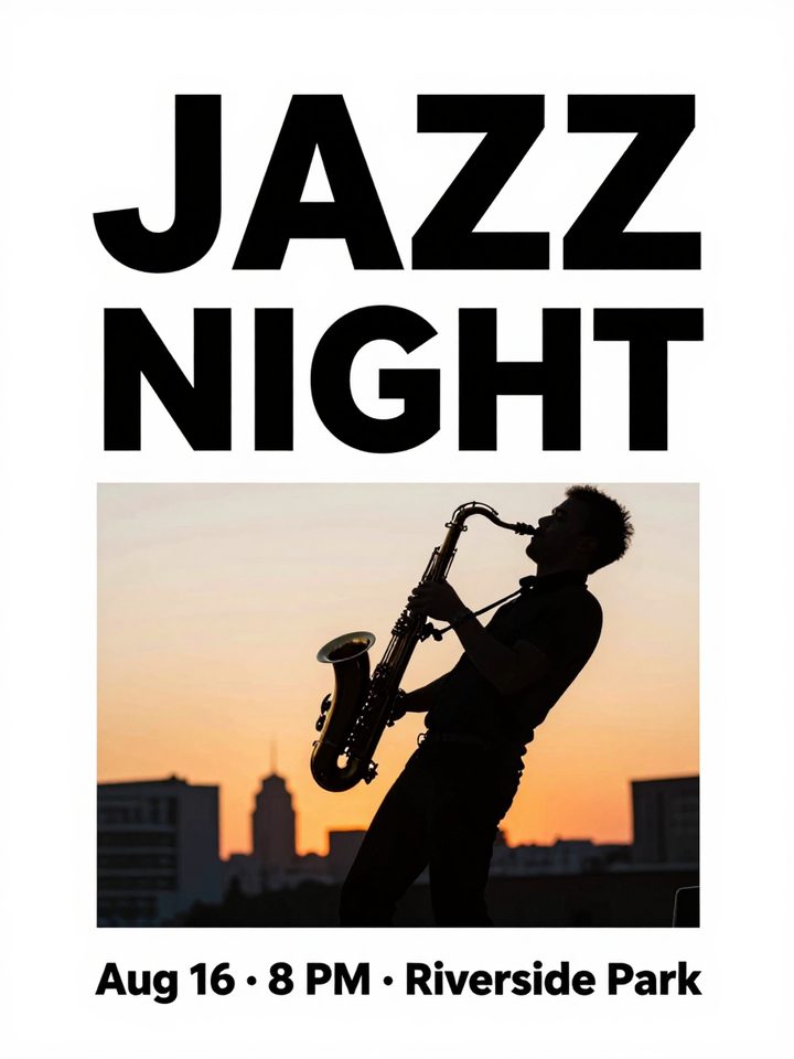 Summer jazz night. Headline 'JAZZ NIGHT', subline 'Aug 16 · 8 PM · Riverside Park', a saxophone player silhouette at sunset