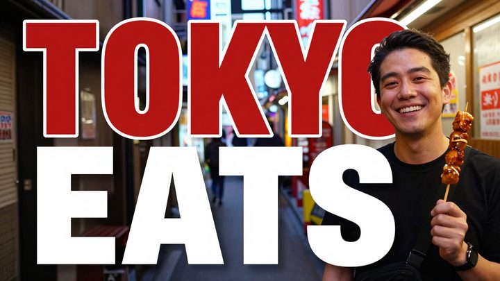 Travel vlog about Tokyo street food. Title text 'TOKYO EATS', a smiling host holding skewers in a neon-lit alley