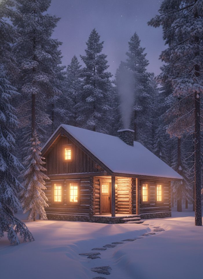Cozy wooden cabin in a snowy pine forest at dusk, warm light glowing in the windows, cinematic, highly detailed