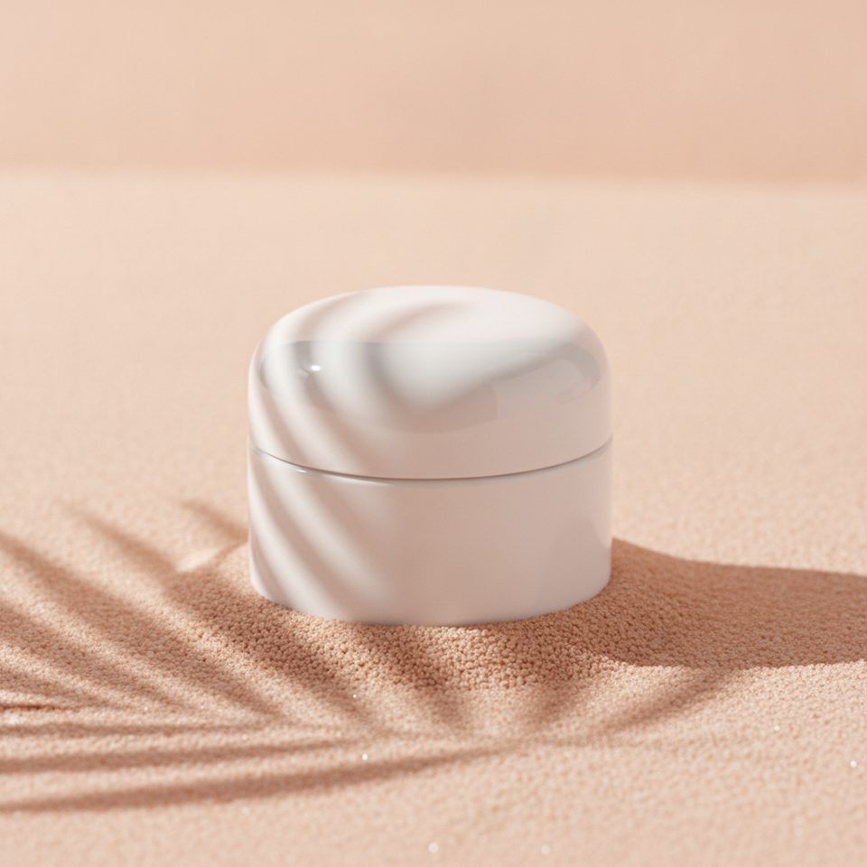 A white skincare jar on a peach-colored textured surface with soft palm-leaf shadows